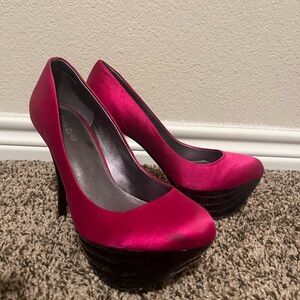 bebe Magenta Satin Platform Pumps